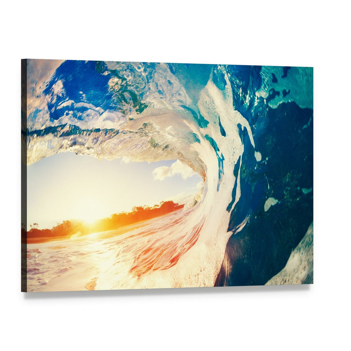 Ocean Wave Crashing at Sunset Canvas Wall Art, single panel gallery wrapped canvas, angled product view