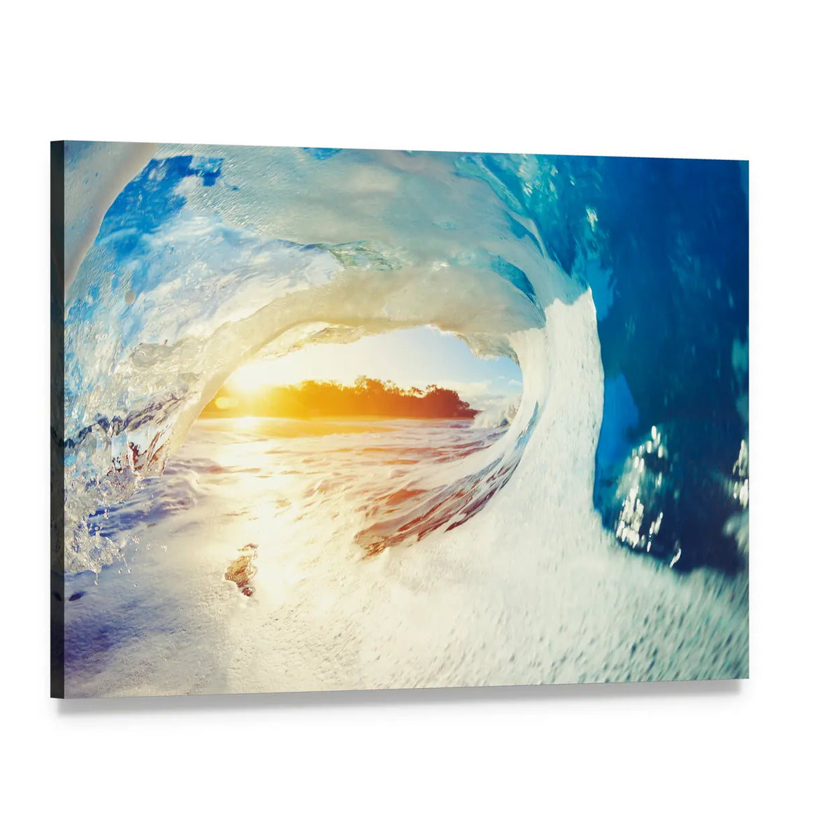 Sunrise Ocean Wave Barrel Canvas Wall Art, single panel gallery wrapped canvas, angled product view