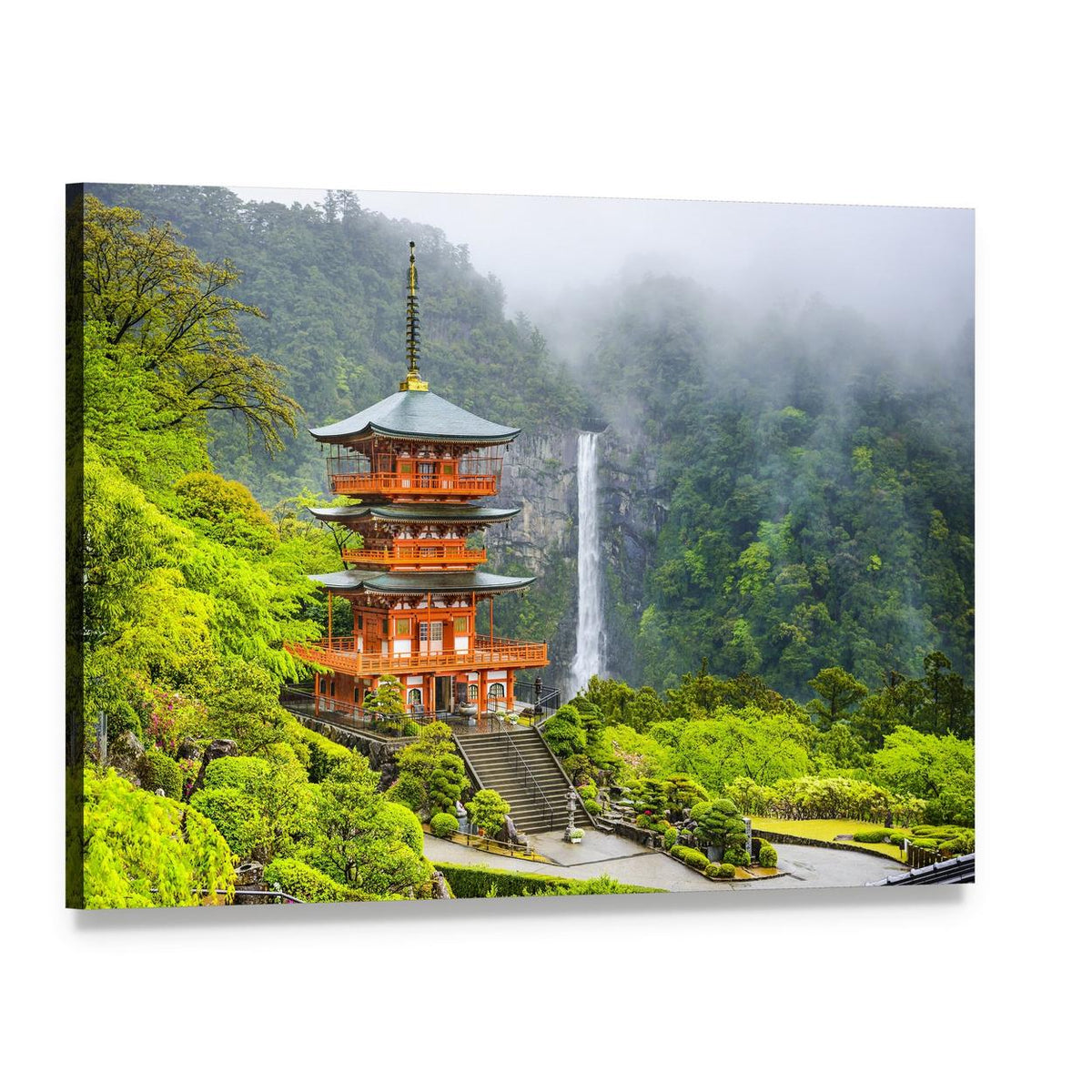 Five-tier Pagoda with Cascading Waterfall Canvas Wall Art, single panel gallery wrapped canvas, angled product view