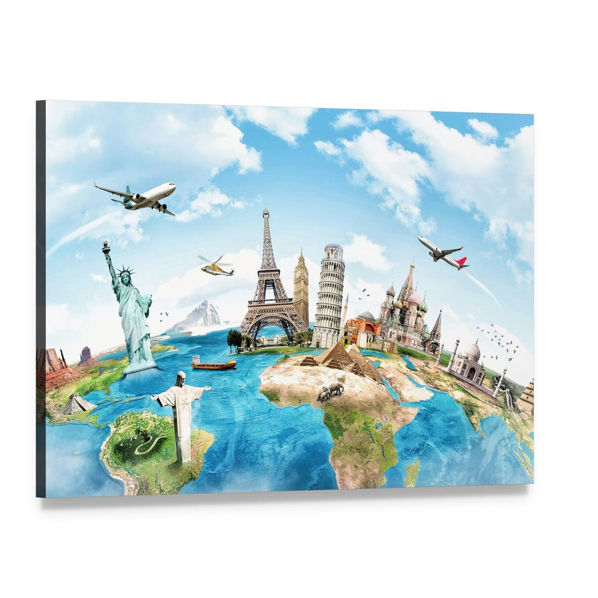 Around the World Landmarks Canvas Wall Art, single panel gallery wrapped canvas, angled product view