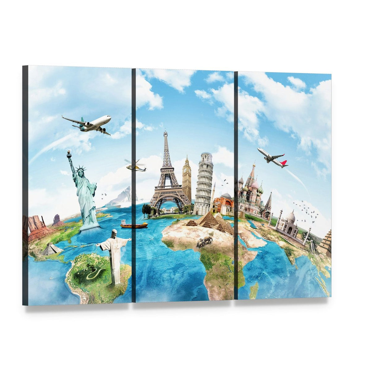 Around the World Landmarks Canvas Wall Art, 3 panel 3 Horizontal layout gallery wrapped canvas set, angled product view