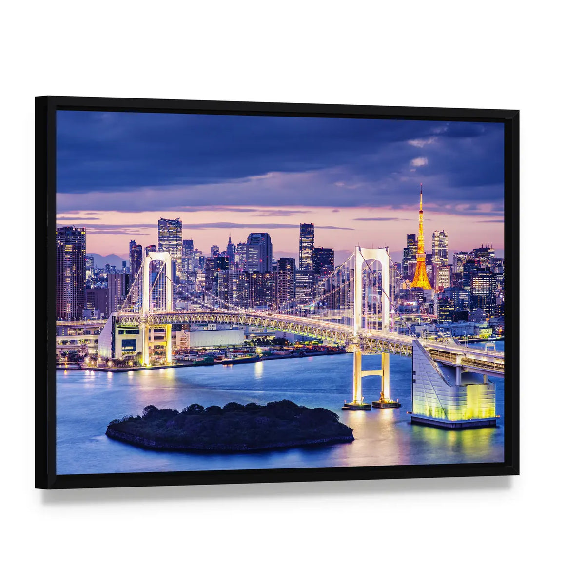 Rainbow Bridge Over Tokyo Bay Canvas Wall Art, framed canvas in a black floater frame, angled product view