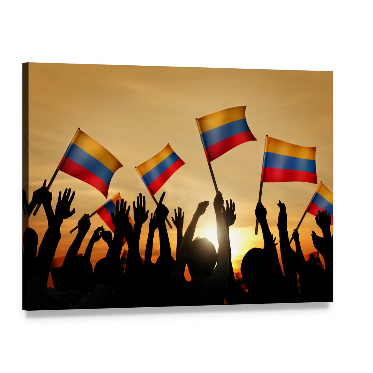 Crowd Holding Colombian Flags at Sunset Canvas Wall Art, single panel gallery wrapped canvas, angled product view