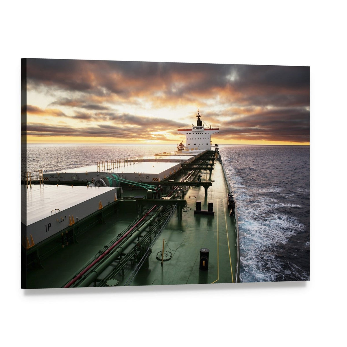Bow View of Cargo Ship at Sunset Canvas Wall Art, single panel gallery wrapped canvas, angled product view