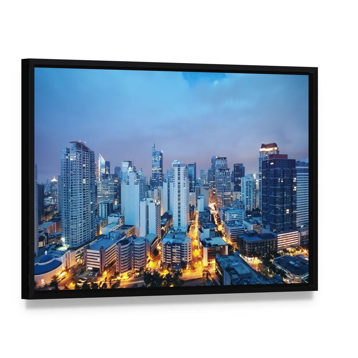 Manila Skyline at Twilight Canvas Wall Art, framed canvas in a black floater frame, angled product view