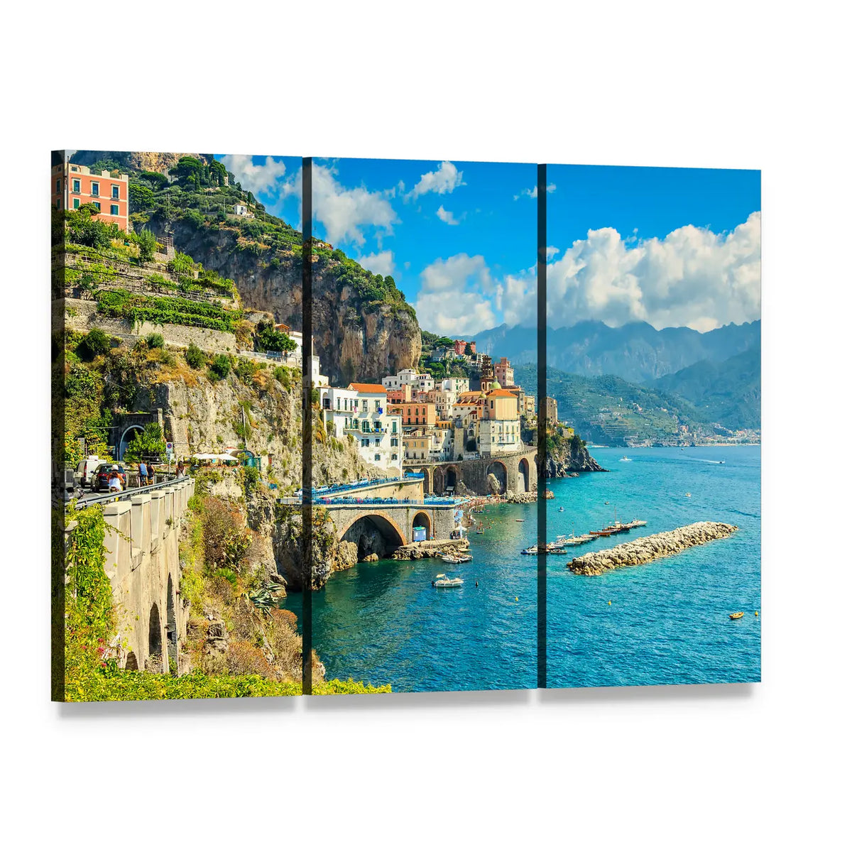 Cliffside Coastal Village with Arched Bridge Canvas Wall Art, 3 panel 3 Horizontal layout gallery wrapped canvas set, angled product view