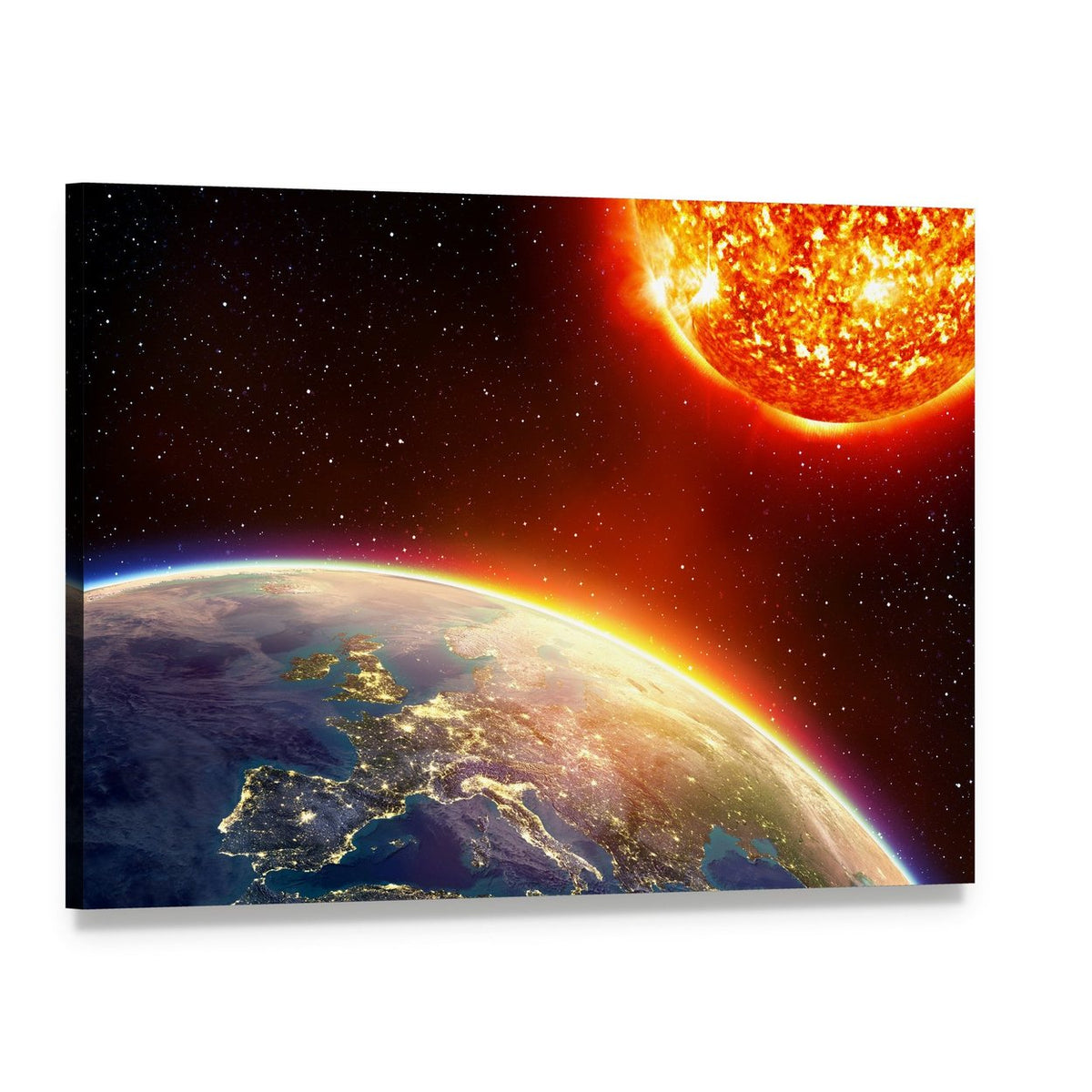 Global Warming Over Earth at Night Canvas Wall Art, single panel gallery wrapped canvas, angled product view