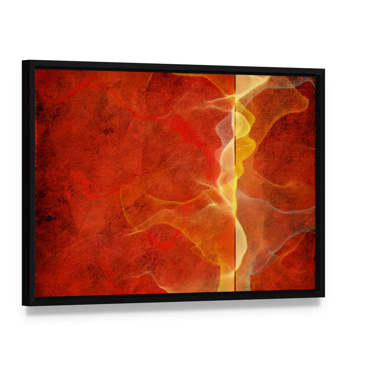Fiery Marble Abstract in Red and Gold Canvas Wall Art, framed canvas in a black floater frame, angled product view