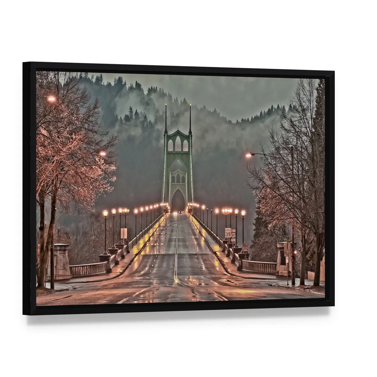 St Johns Bridge Foggy Morning Canvas Wall Art, framed canvas in a black floater frame, angled product view