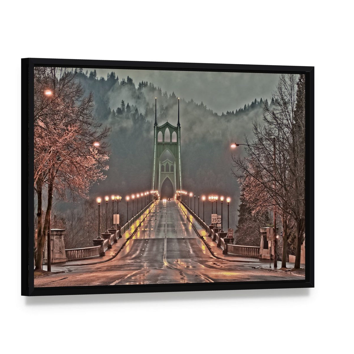 Foggy Bridge with Wet Road Canvas Wall Art, framed canvas in a black floater frame, angled product view