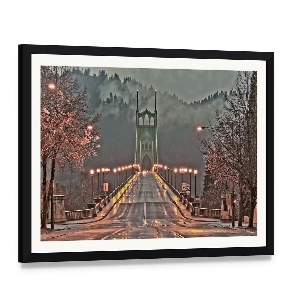 St Johns Bridge Foggy Morning Canvas Wall Art, framed print with white mat and black frame, angled product view
