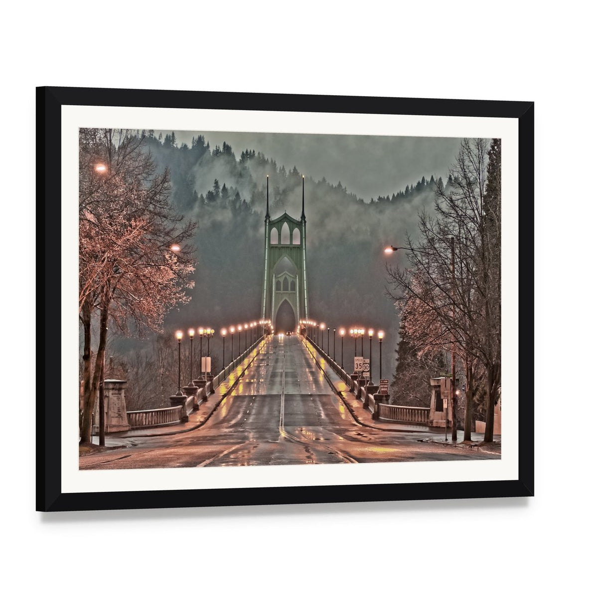 Foggy Bridge with Wet Road Canvas Wall Art, framed print with white mat and black frame, angled product view