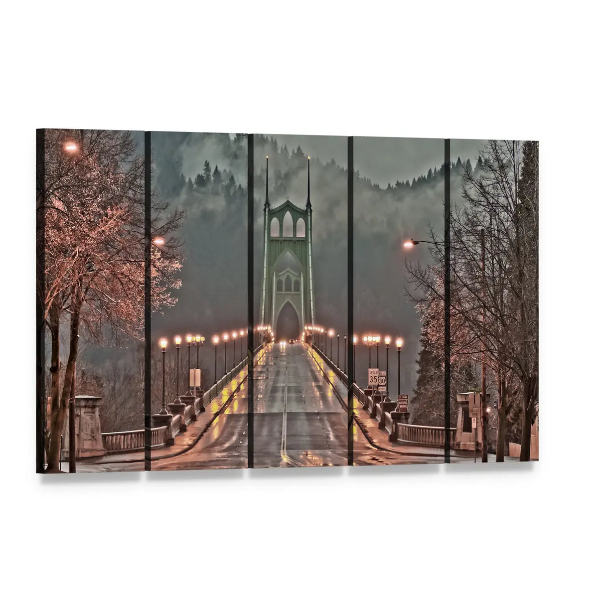 St Johns Bridge Foggy Morning Canvas Wall Art, 5 panel 5 Horizontal layout gallery wrapped canvas set, angled product view