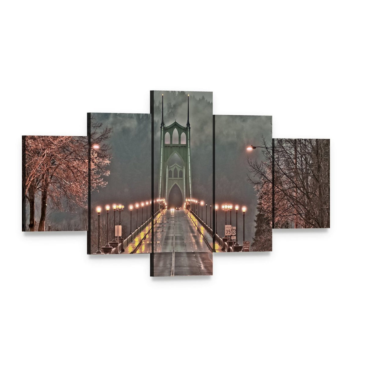 Foggy Bridge with Wet Road Canvas Wall Art, 5 panel 5 Star layout gallery wrapped canvas set, angled product view