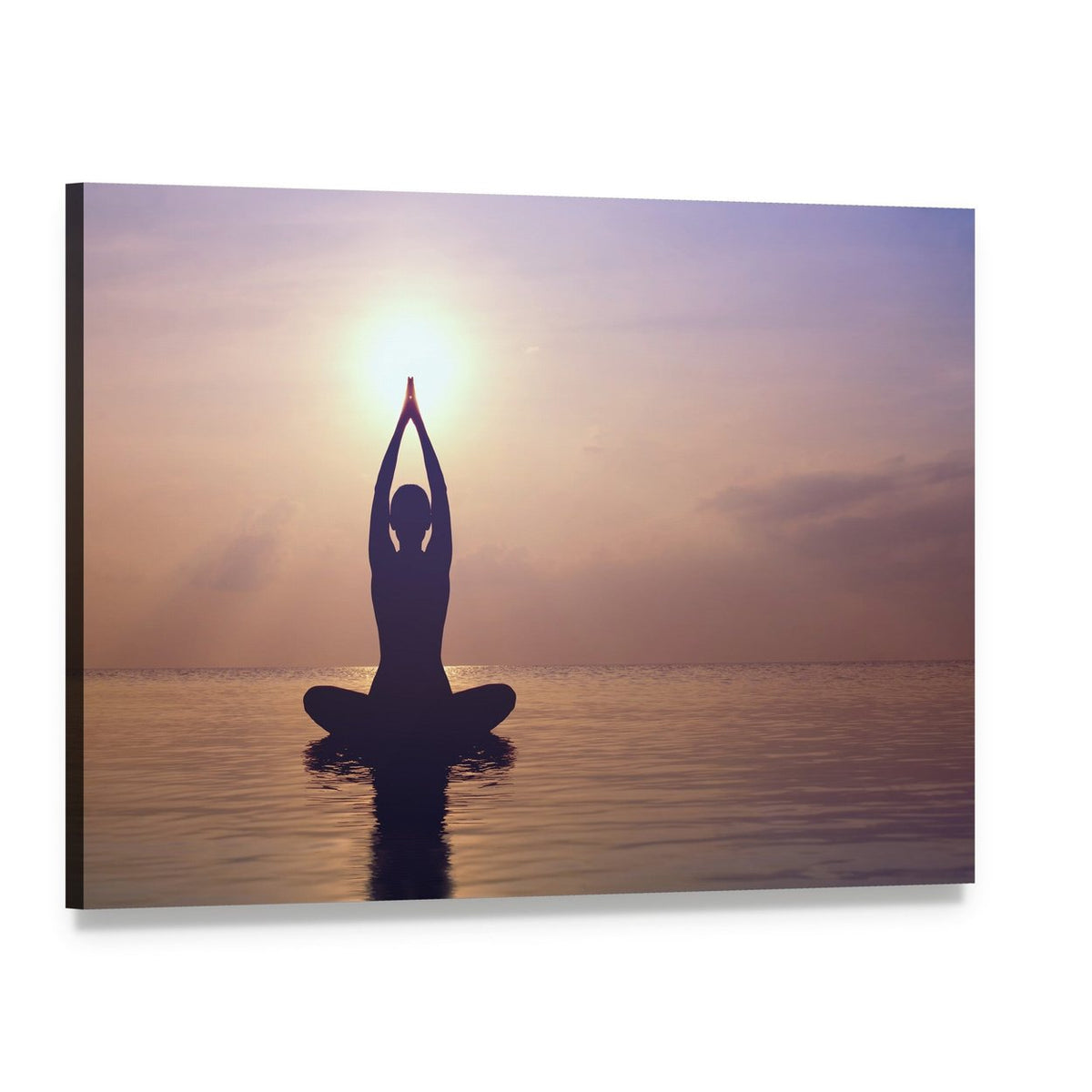 Silhouette Young Woman Practicing Yoga on the Beach at Sunset Canvas Wall Art, single panel gallery wrapped canvas, angled product view