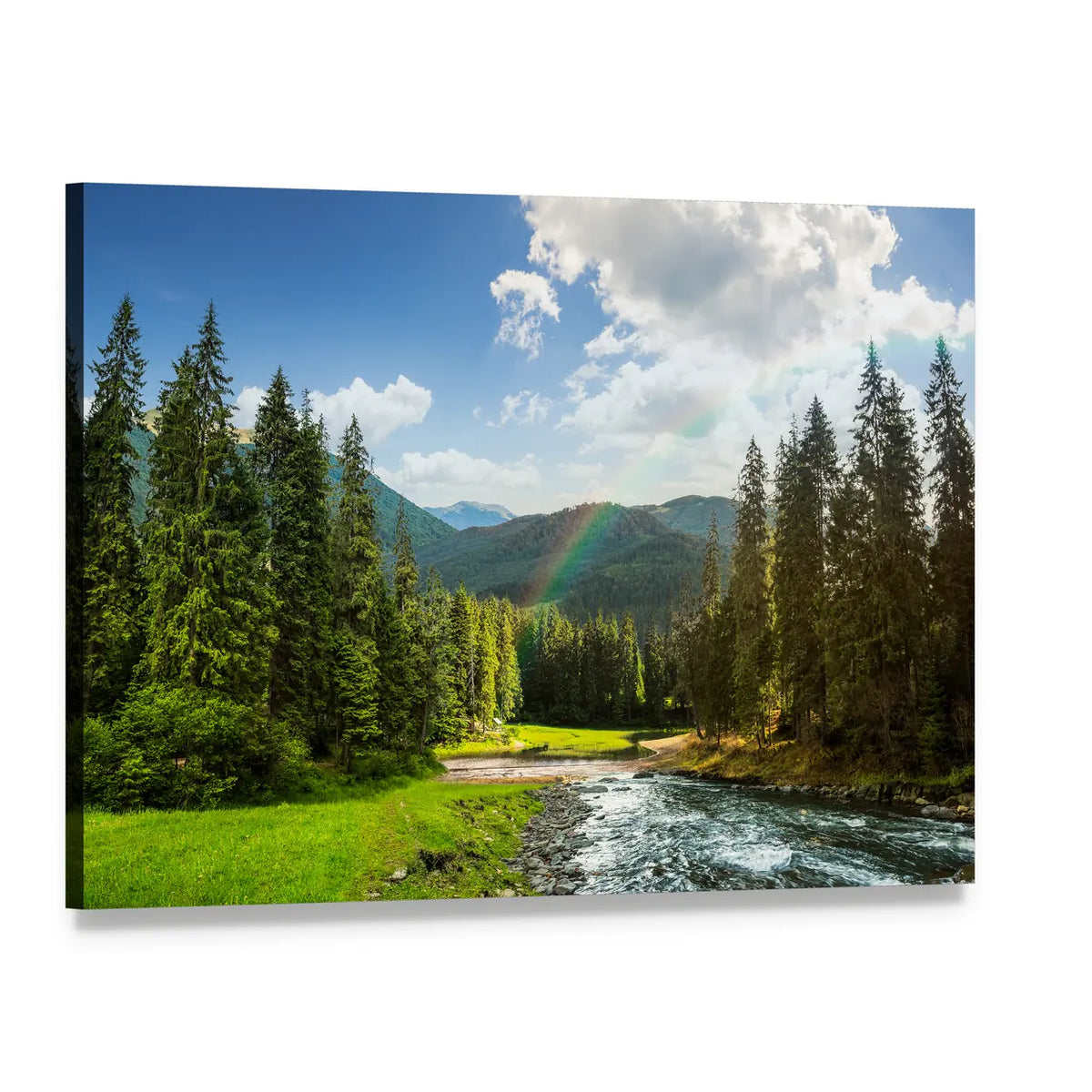 Pine Forest and Mountain River Canvas Wall Art, single panel gallery wrapped canvas, angled product view