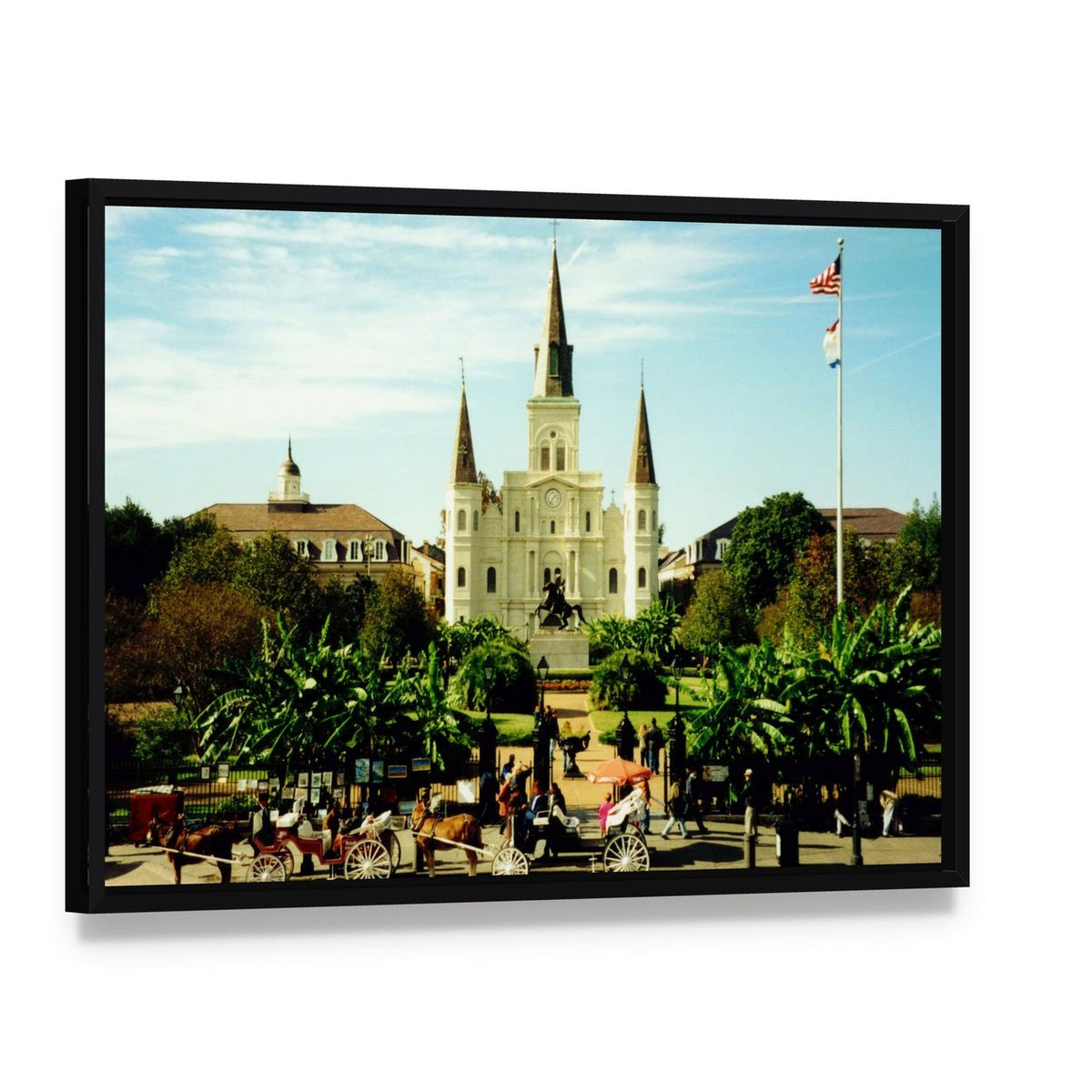 Jackson Square and St. Louis Cathedral Canvas Wall Art, framed canvas in a black floater frame, angled product view