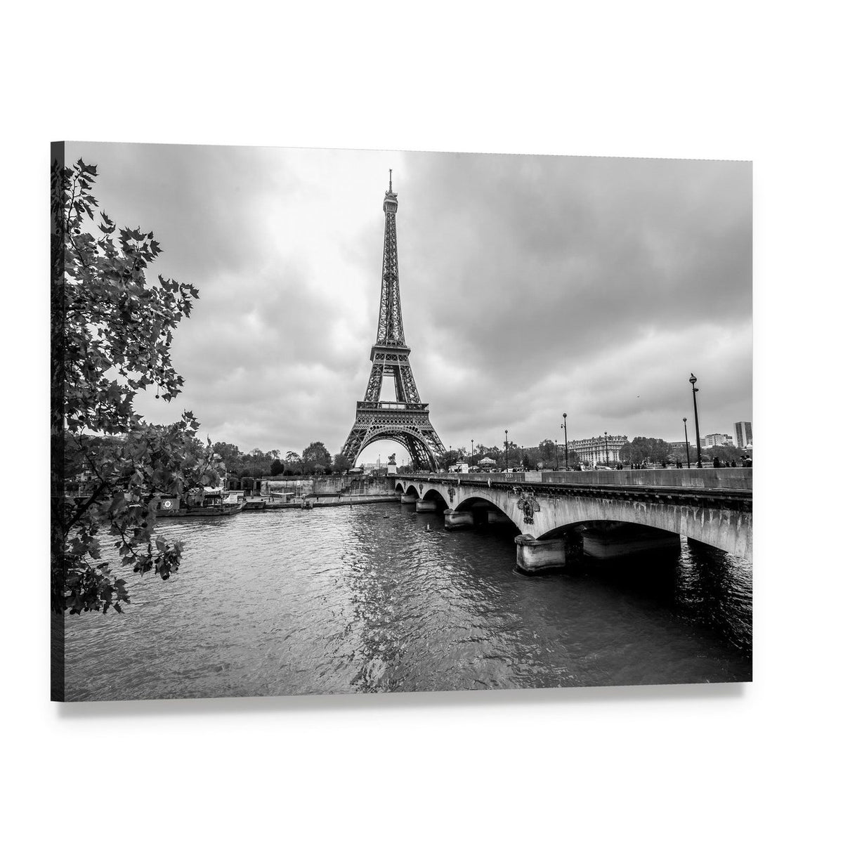 Eiffel Tower from Seine River Canvas Wall Art, single panel gallery wrapped canvas, angled product view