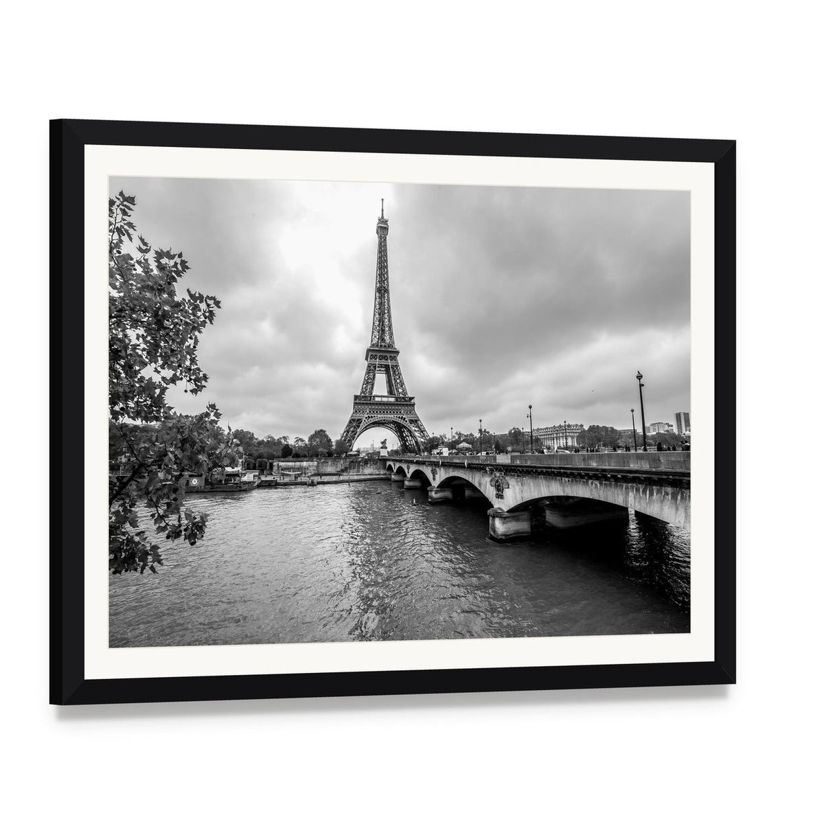 Eiffel Tower from Seine River Canvas Wall Art, framed print with white mat and black frame, angled product view