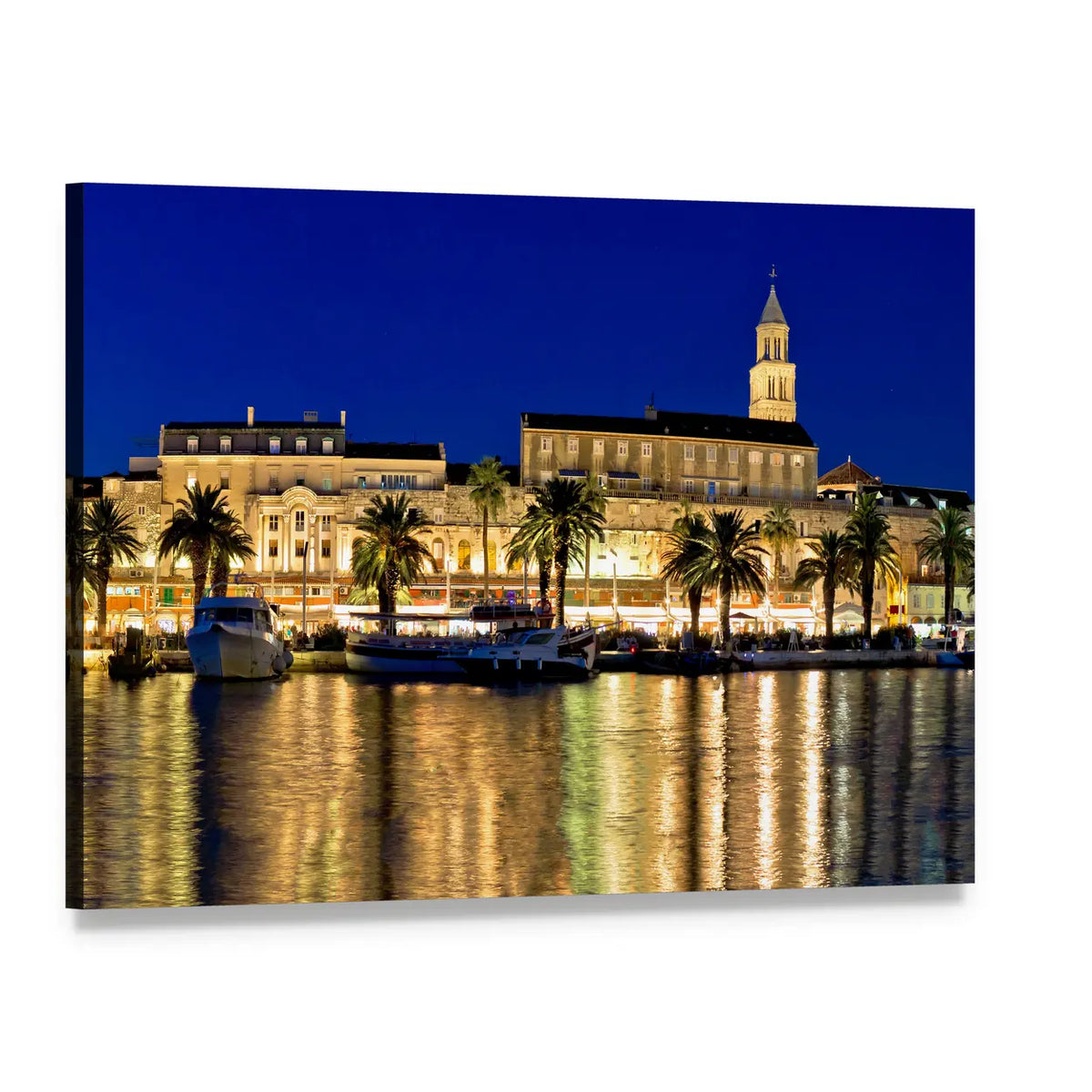 Evening Waterfront with Palm Trees and Boats Canvas Wall Art, single panel gallery wrapped canvas, angled product view