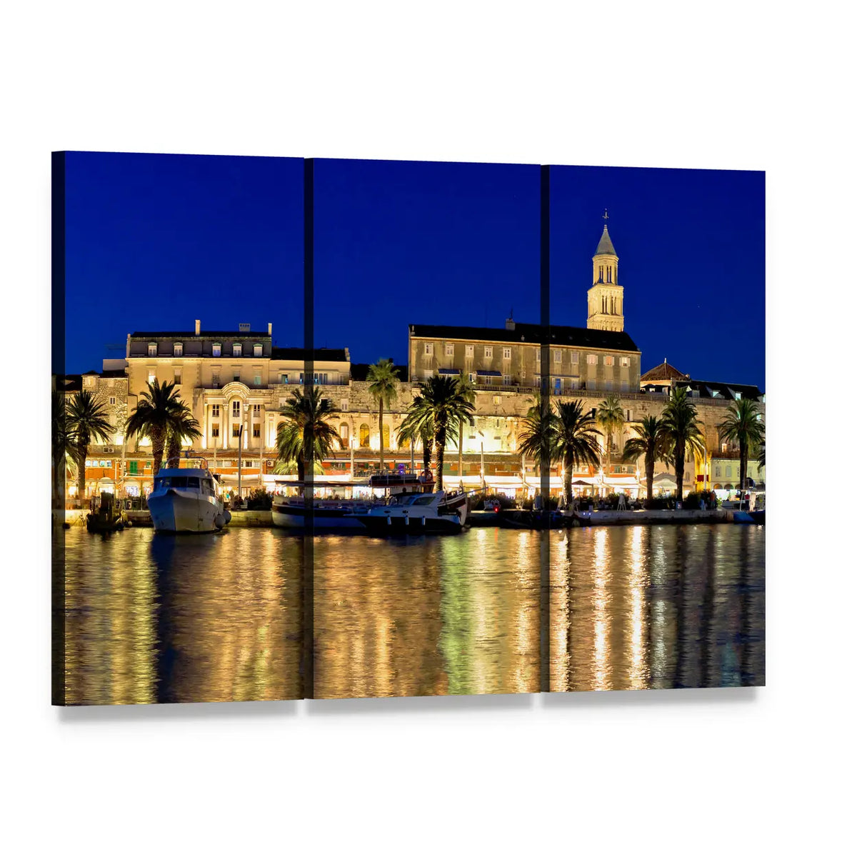 Evening Waterfront with Palm Trees and Boats Canvas Wall Art, 3 panel 3 Horizontal layout gallery wrapped canvas set, angled product view