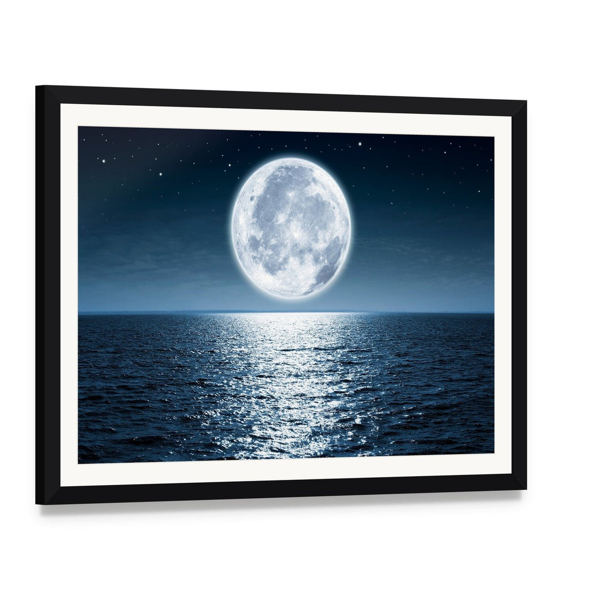 Ocean Moonlight Reflection Canvas Wall Art, framed print with white mat and black frame, angled product view