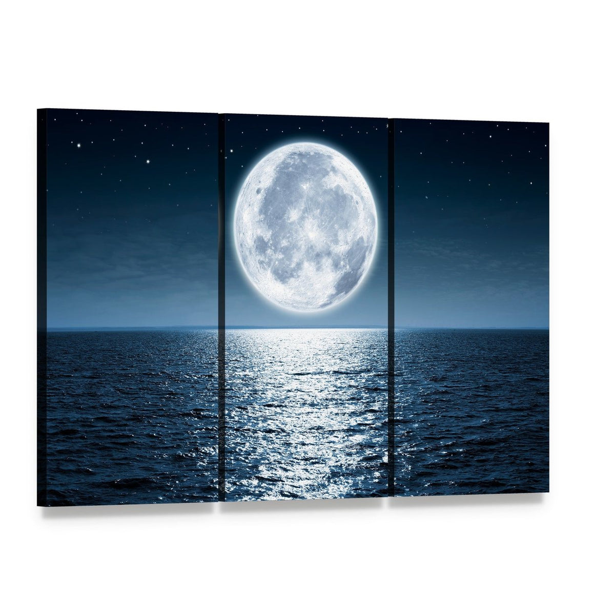 Ocean Moonlight Reflection Canvas Wall Art, 3 panel 3 Horizontal layout gallery wrapped canvas set, angled product view