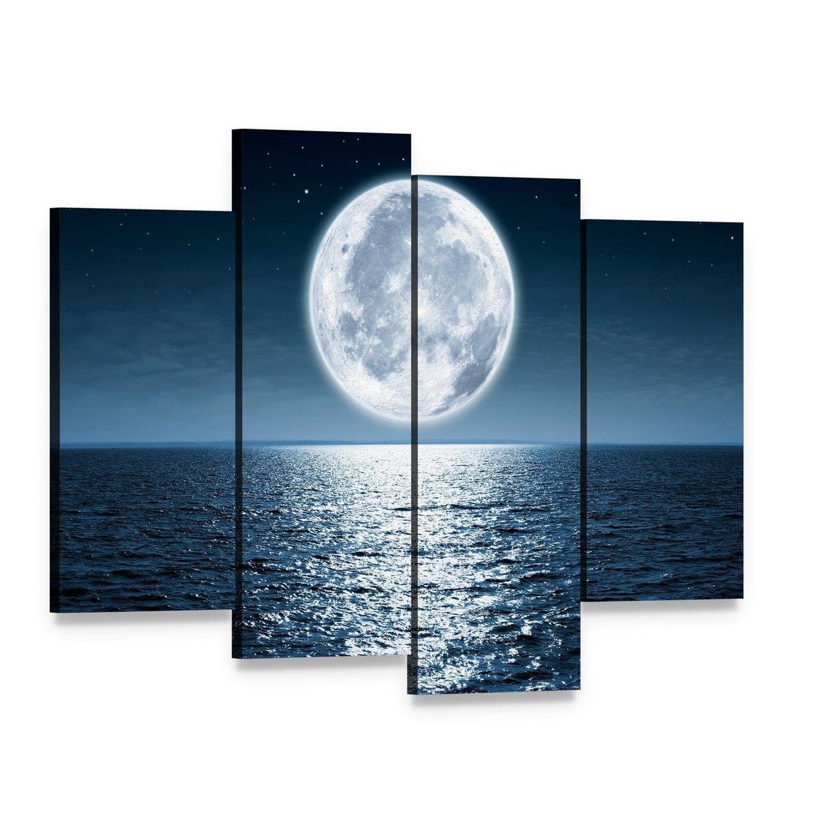 Ocean Moonlight Reflection Canvas Wall Art, 4 panel 4 Pop layout gallery wrapped canvas set, angled product view