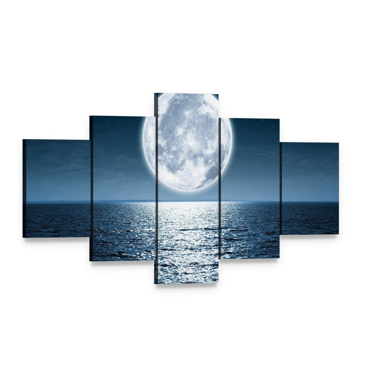 Ocean Moonlight Reflection Canvas Wall Art, 5 panel 5 Star layout gallery wrapped canvas set, angled product view
