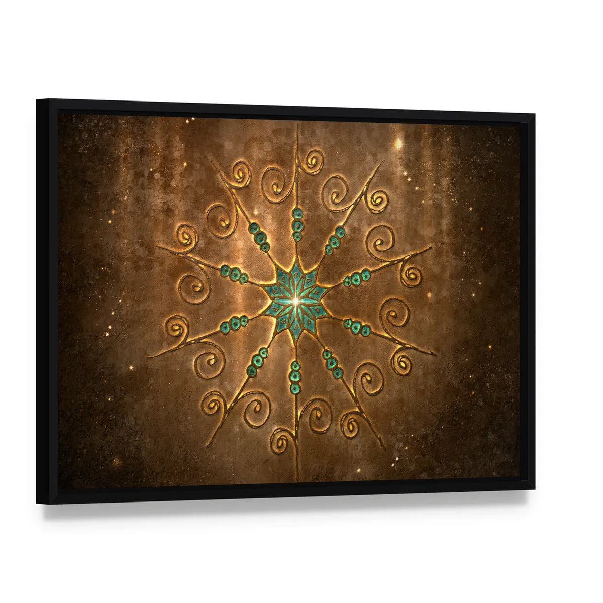 Fabric Style Mandala Canvas Wall Art, framed canvas in a black floater frame, angled product view