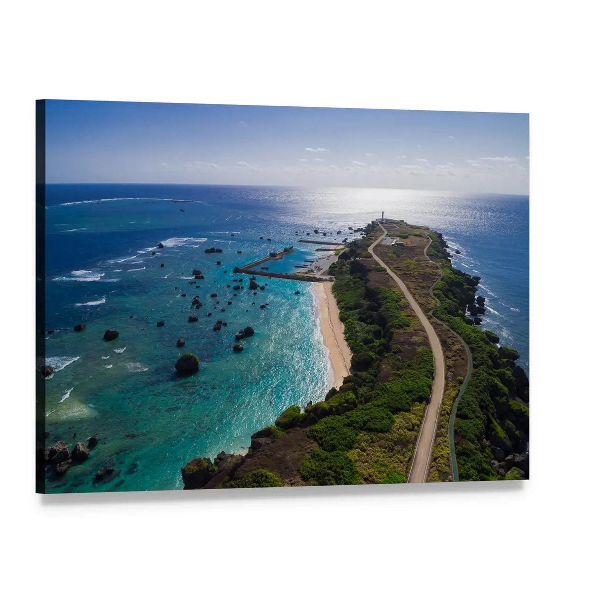 Winding Road to Lighthouse Over Turquoise Ocean Canvas Wall Art, single panel gallery wrapped canvas, angled product view
