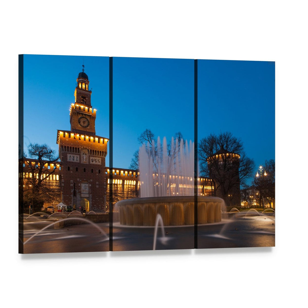 Sforzesco Castle at Night, Milan Canvas Wall Art, 3 panel 3 Horizontal layout gallery wrapped canvas set, angled product view