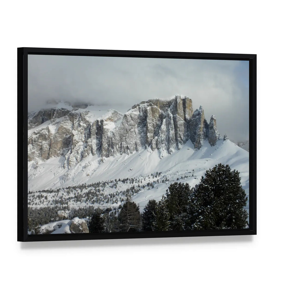 Gruppo Cella Mountains In Italy Canvas Wall Art, framed canvas in a black floater frame, angled product view