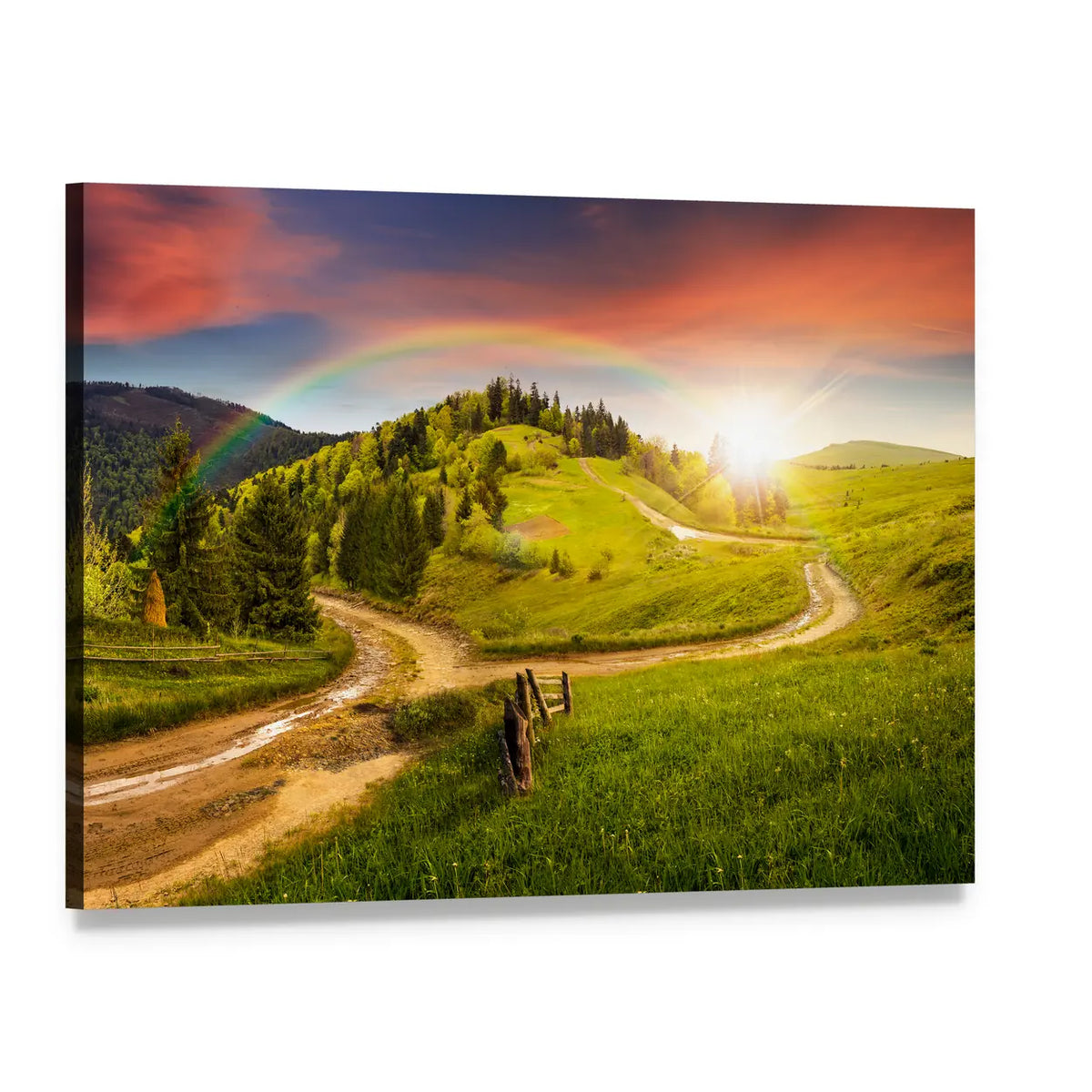 Mountain Road Fork at Sunset Canvas Wall Art, single panel gallery wrapped canvas, angled product view