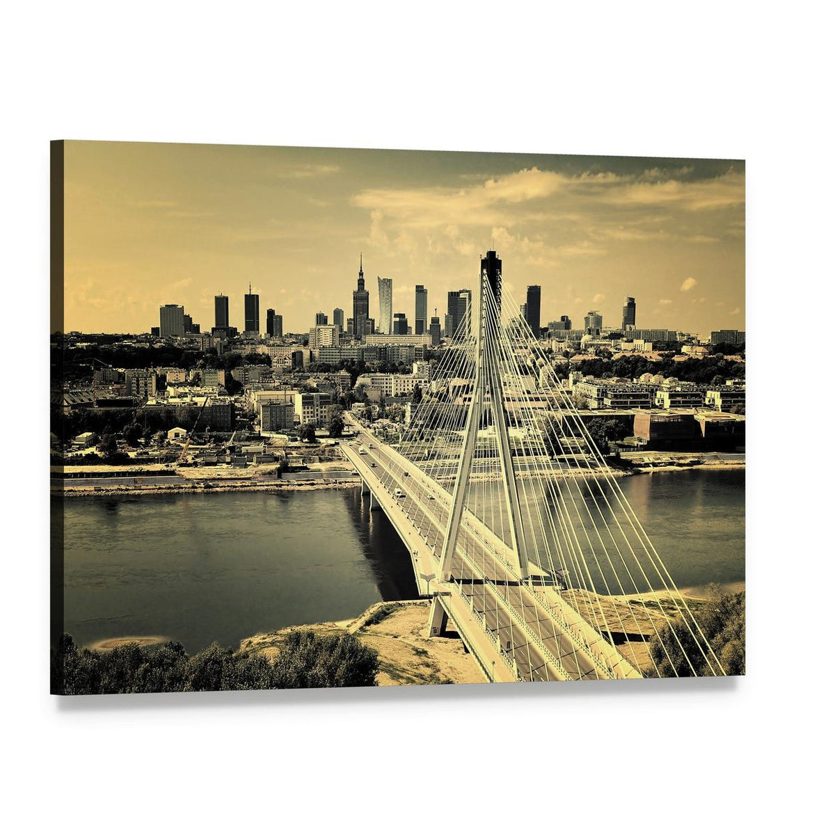 Warsaw Bridge Cityscape Canvas Wall Art, single panel gallery wrapped canvas, angled product view