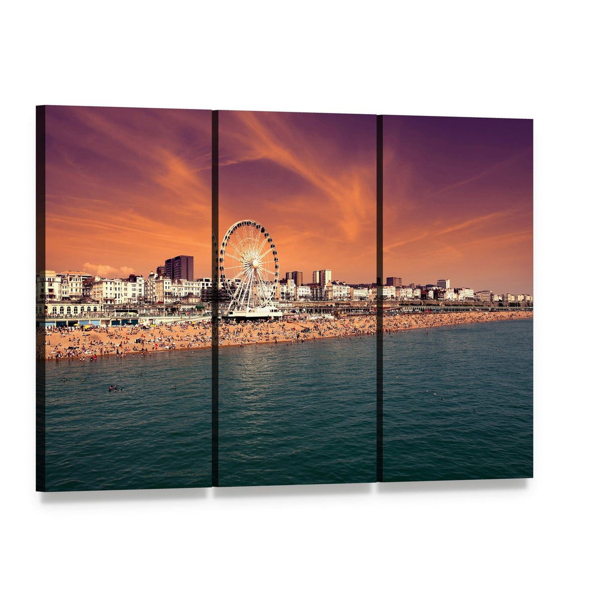 Towering Ferris Wheel Over Crowded Beach Canvas Wall Art, 3 panel 3 Horizontal layout gallery wrapped canvas set, angled product view