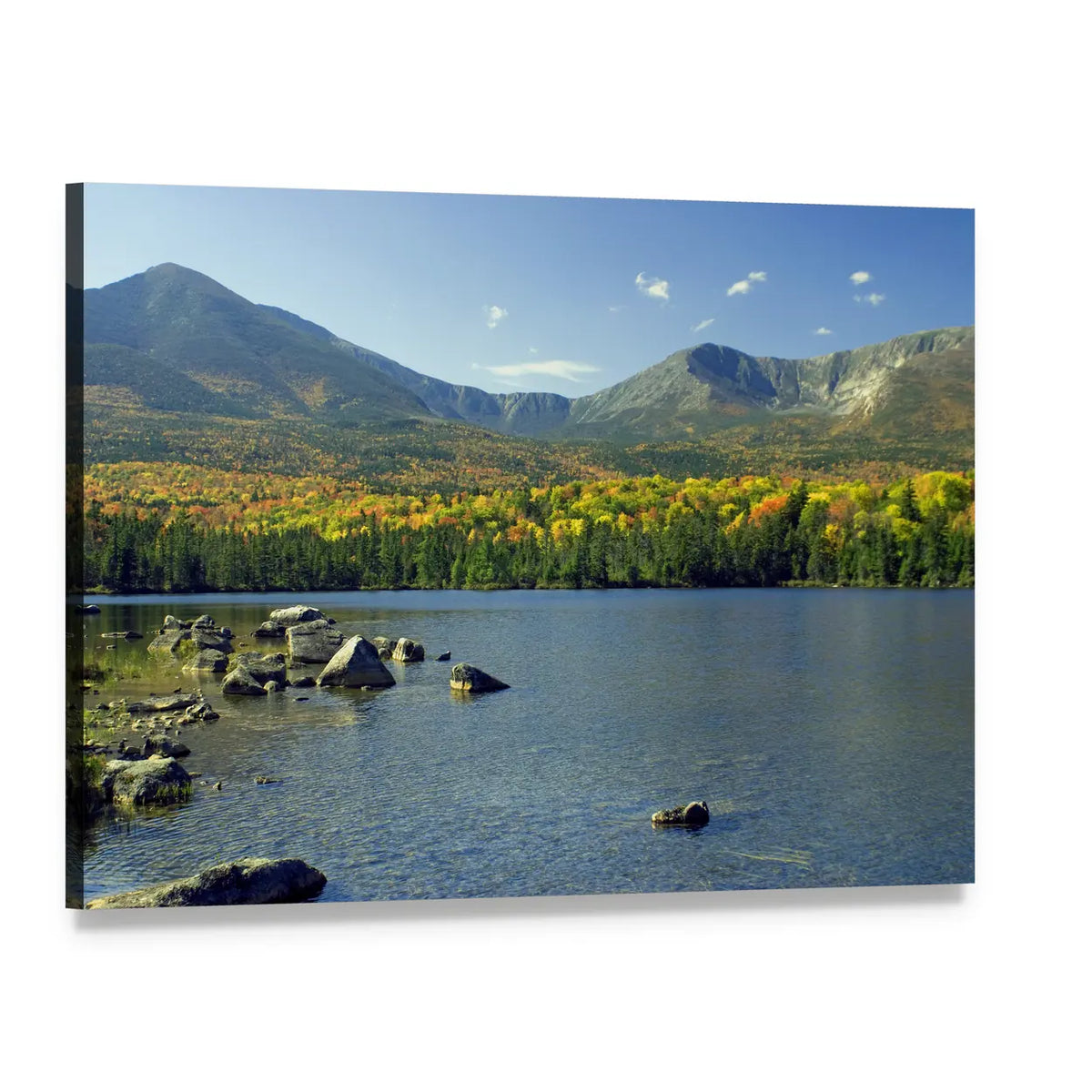 Mt. Katahdin Mountain Lake Canvas Wall Art, single panel gallery wrapped canvas, angled product view