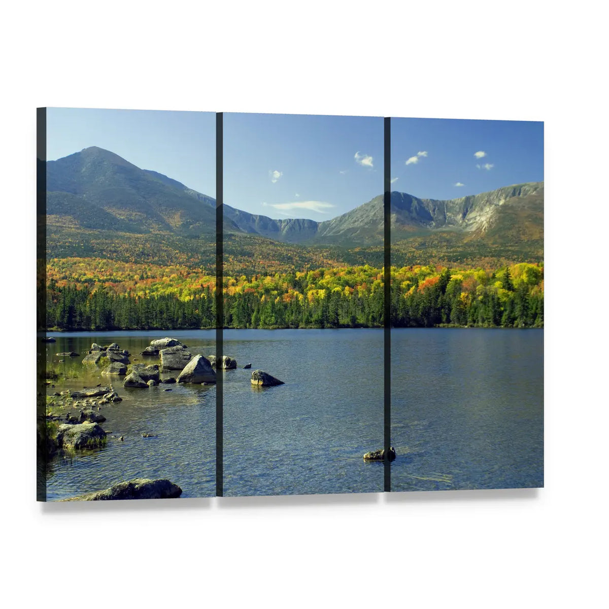 Mt. Katahdin Mountain Lake Canvas Wall Art, 3 panel 3 Horizontal layout gallery wrapped canvas set, angled product view