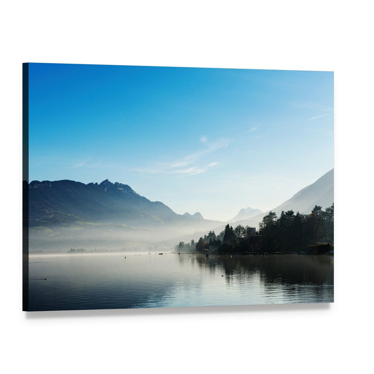 Misty Mountain Lake at Dawn Canvas Wall Art, single panel gallery wrapped canvas, angled product view