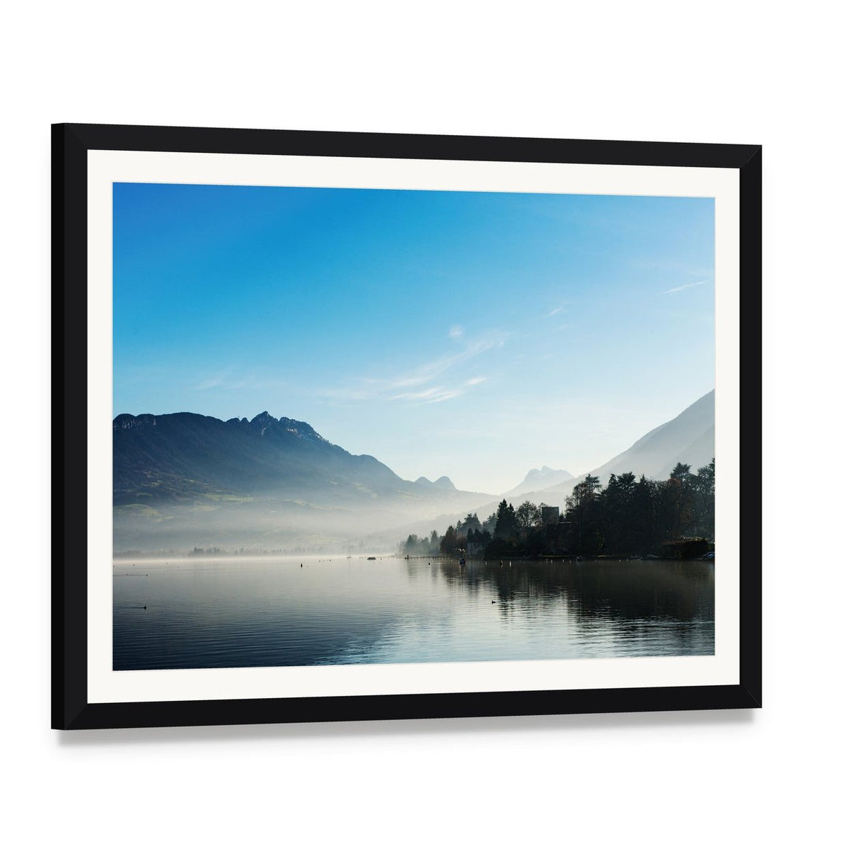 Misty Mountain Lake at Dawn Canvas Wall Art, framed print with white mat and black frame, angled product view