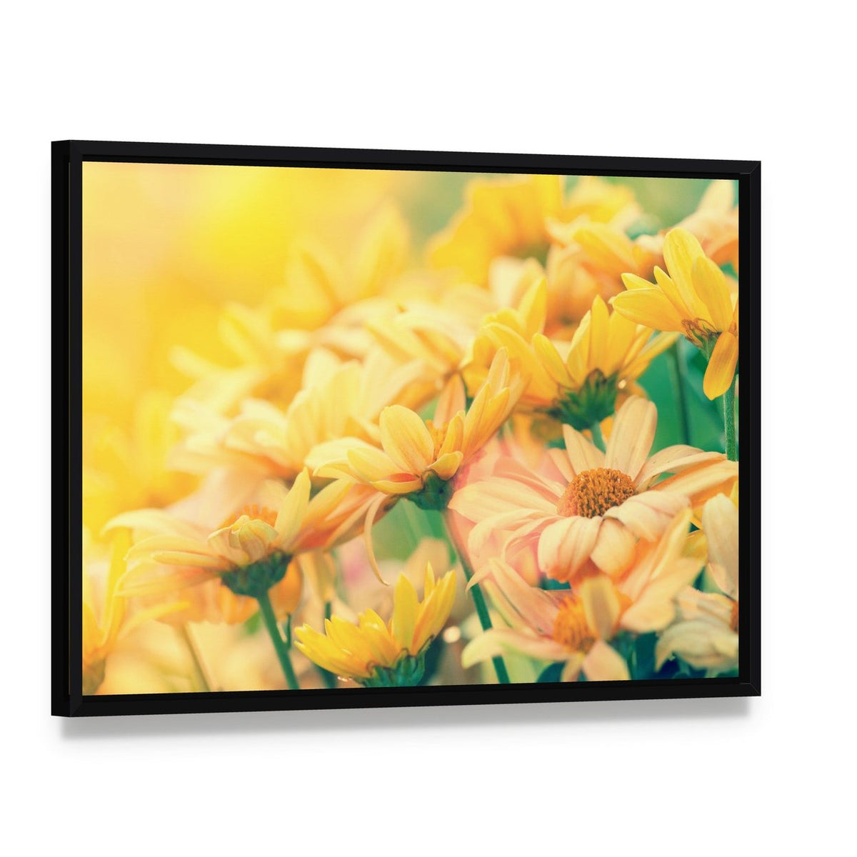 Vintage Flower Lawn Canvas Wall Art, framed canvas in a black floater frame, angled product view