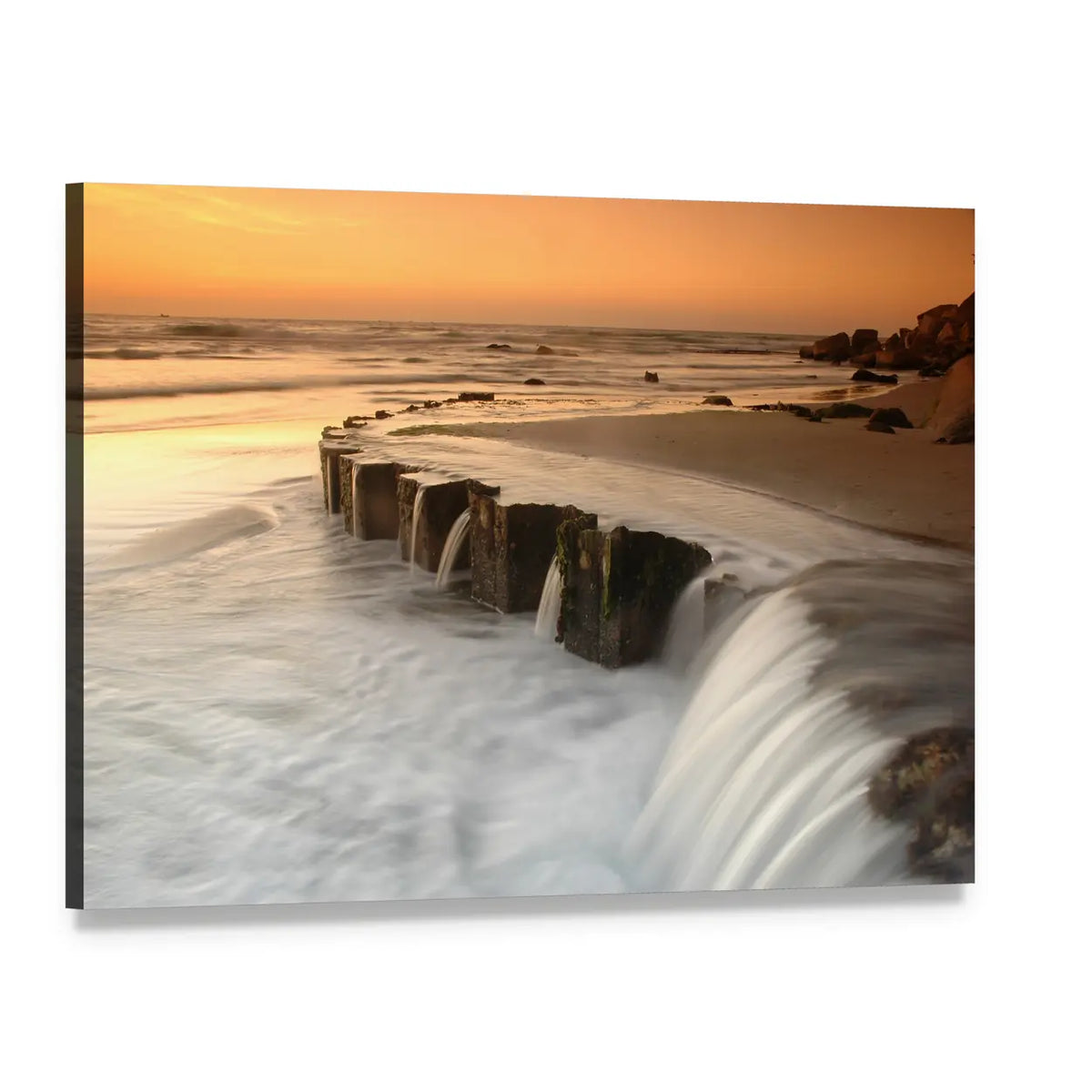 Waterfall By The Sea At Sunset Canvas Wall Art, single panel gallery wrapped canvas, angled product view