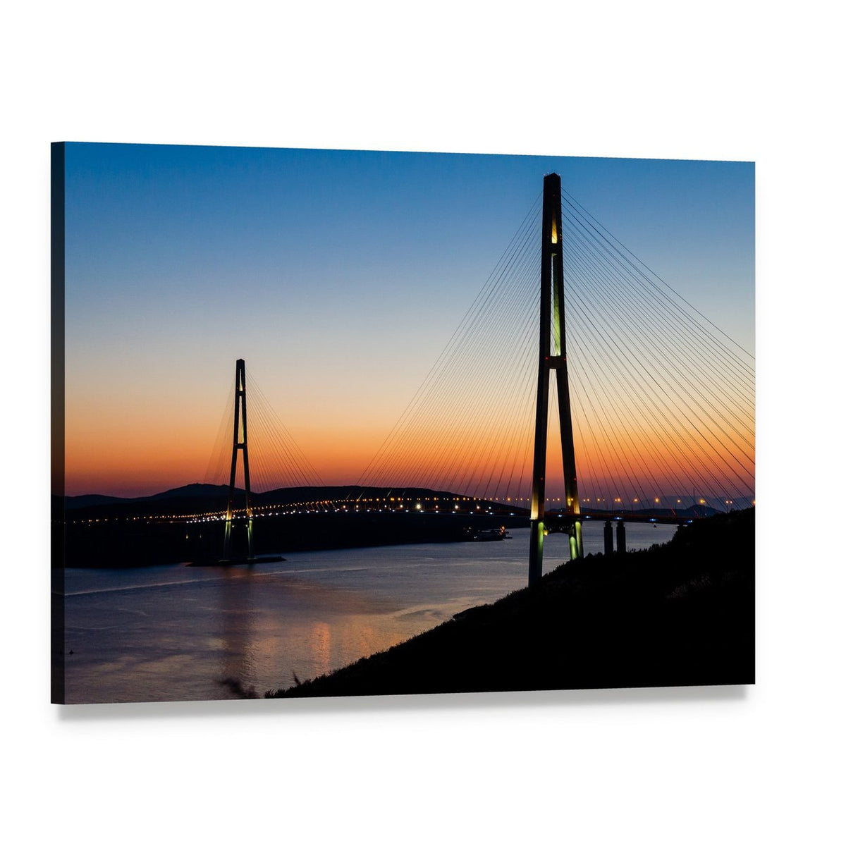 Cable-stayed Bridge at Twilight Canvas Wall Art, single panel gallery wrapped canvas, angled product view