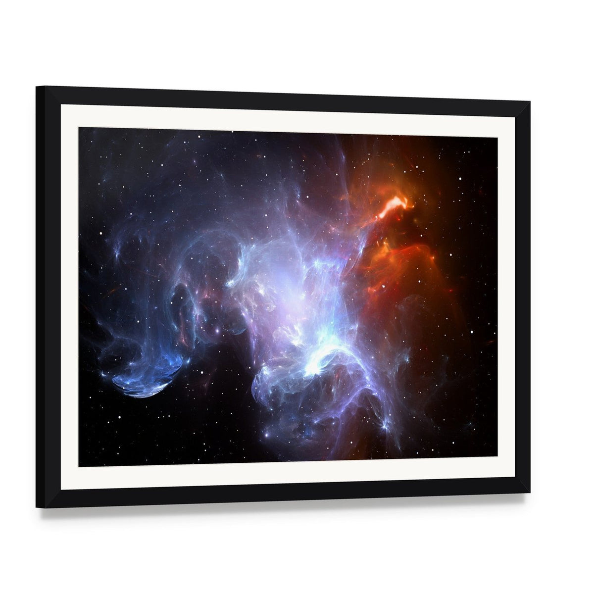 Space Nebula Canvas Wall Art, framed print with white mat and black frame, angled product view
