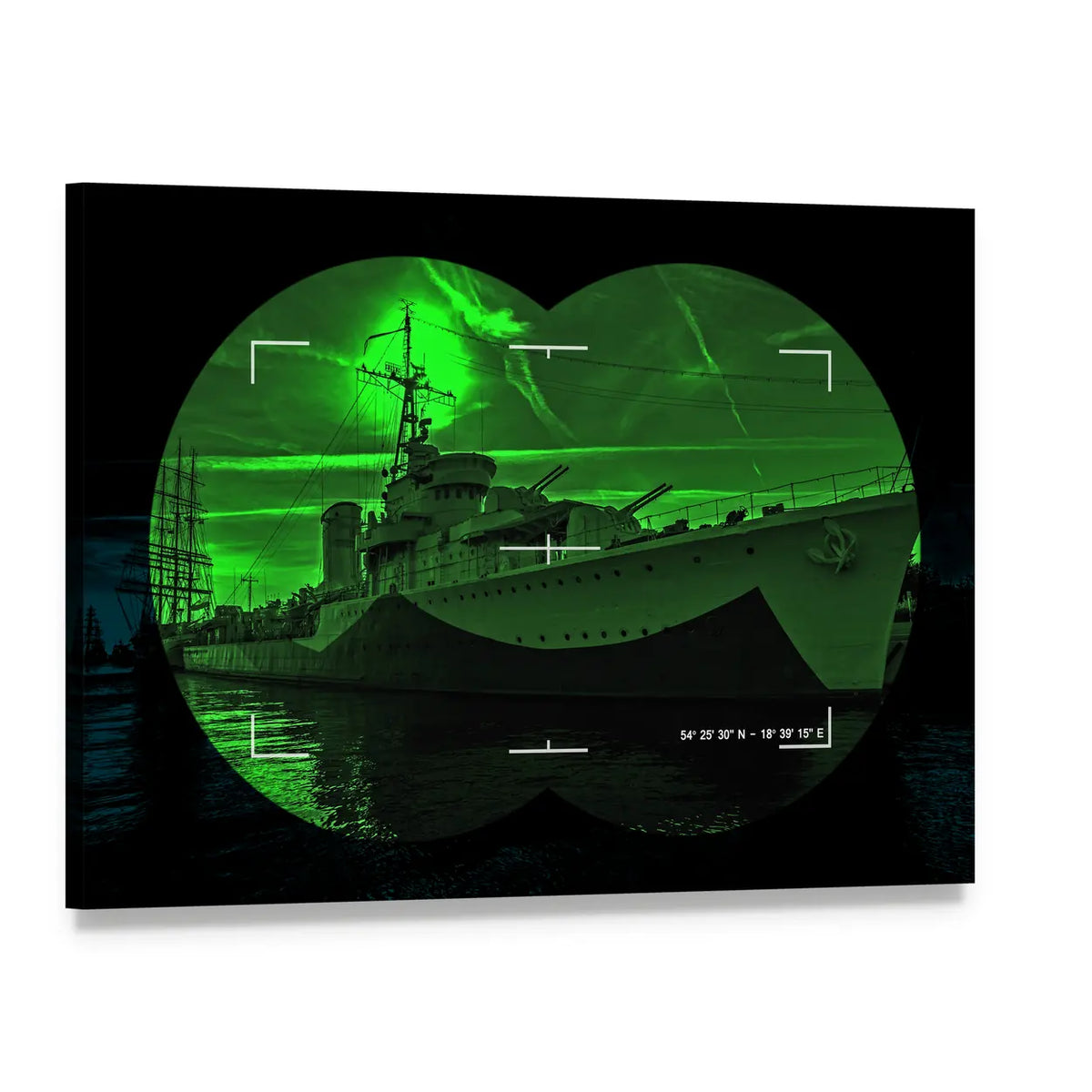 Warship Through Night Vision Canvas Wall Art, single panel gallery wrapped canvas, angled product view