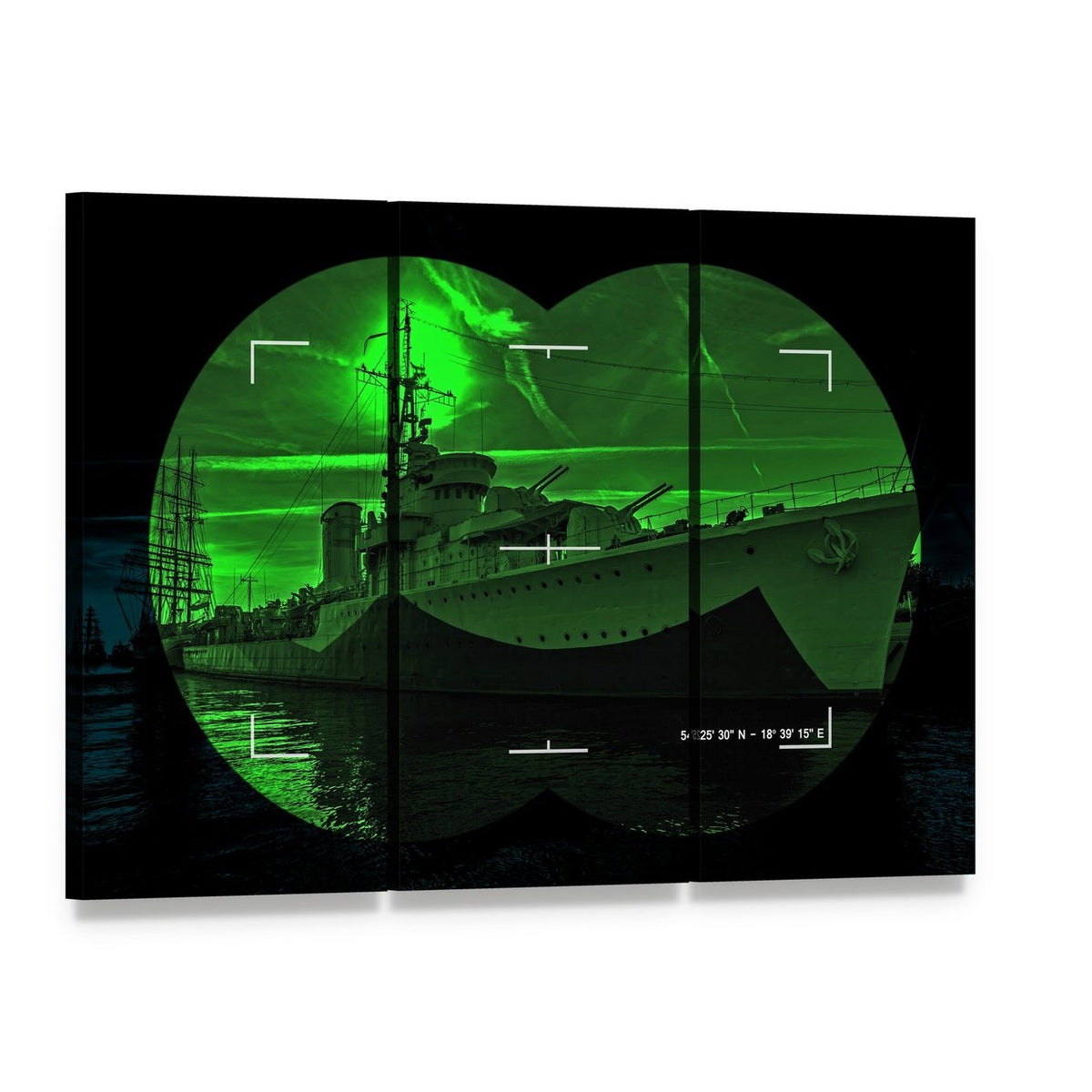 Warship Seen Through Night Vision Canvas Wall Art, 3 panel 3 Horizontal layout gallery wrapped canvas set, angled product view