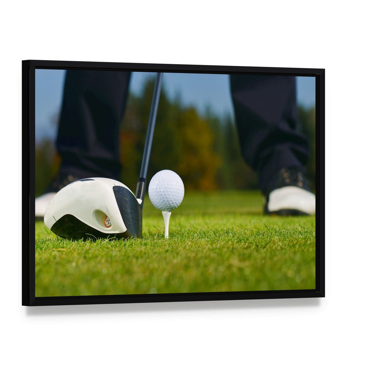 Golf Player Ready to Hit Canvas Wall Art, framed canvas in a black floater frame, angled product view