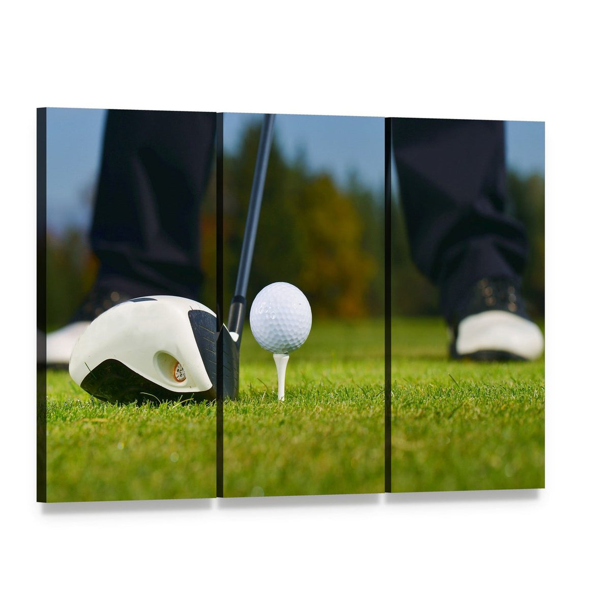 Golf Player Ready to Hit Canvas Wall Art, 3 panel 3 Horizontal layout gallery wrapped canvas set, angled product view
