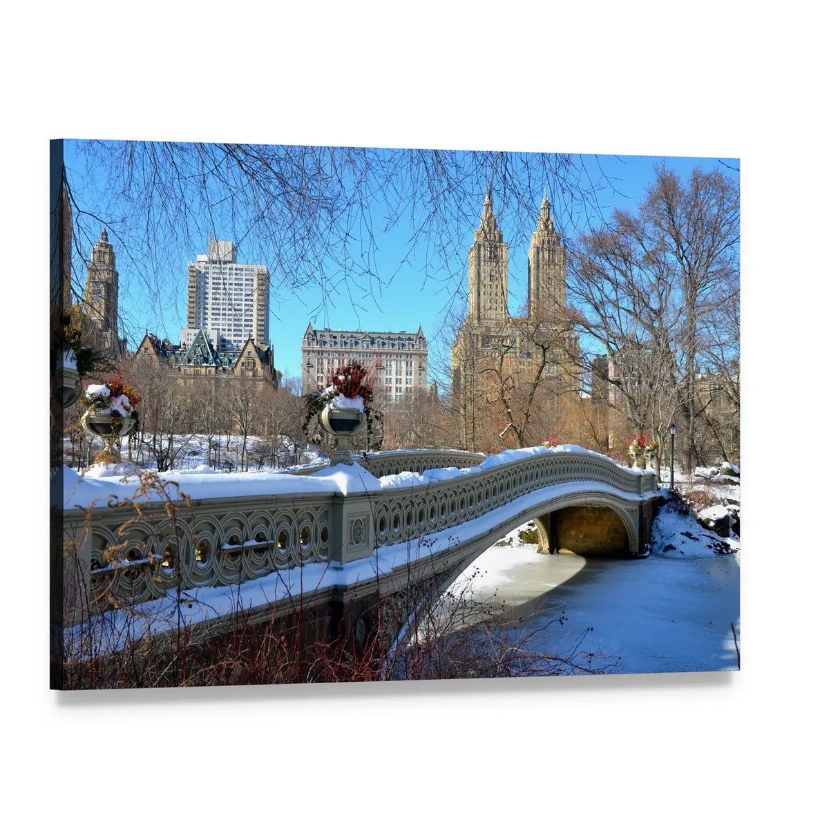 Bow Bridge in Winter Canvas Wall Art, single panel gallery wrapped canvas, angled product view