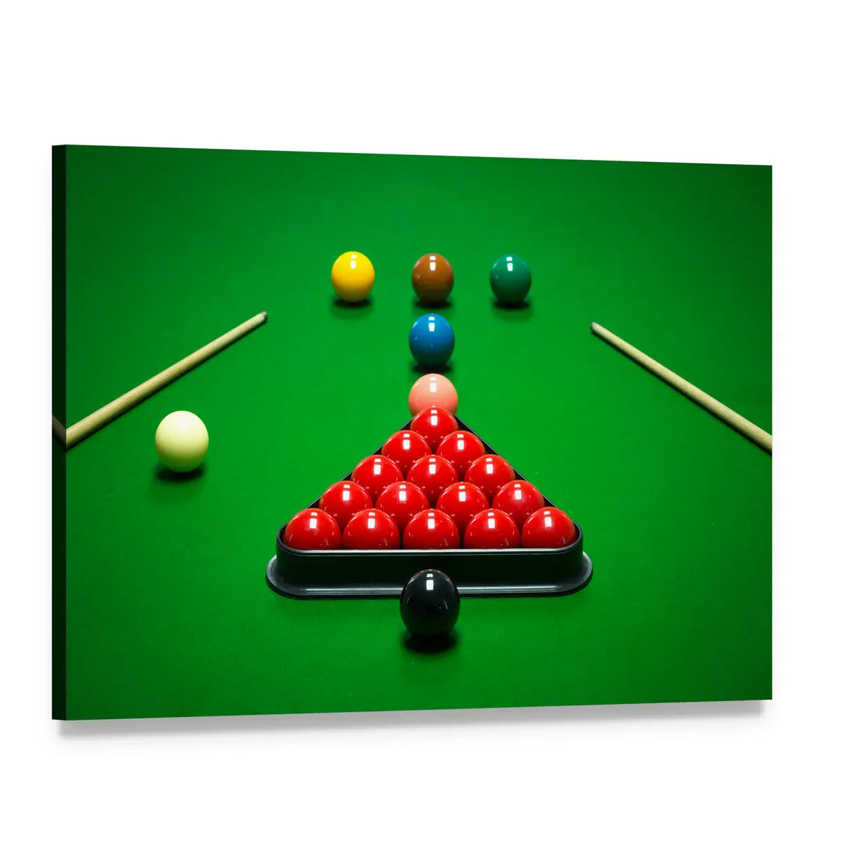 Snooker Balls on Green Table Canvas Wall Art, single panel gallery wrapped canvas, angled product view